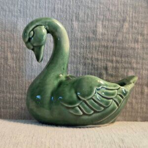 Mini Green Ceramic Swan Planter Bird Pottery Plant Holder 4" tall